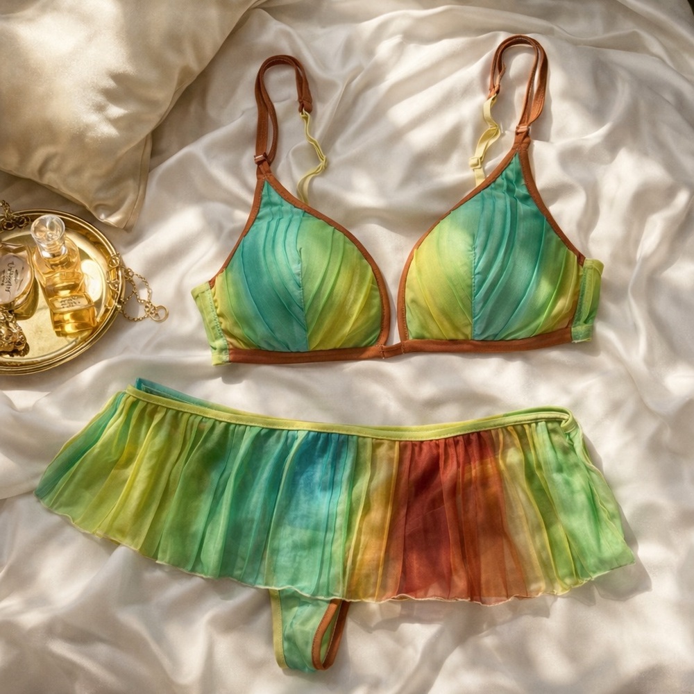 Y2K Intimissimi Rainbow Sheer Mesh Bra & Ruffle G-String Set